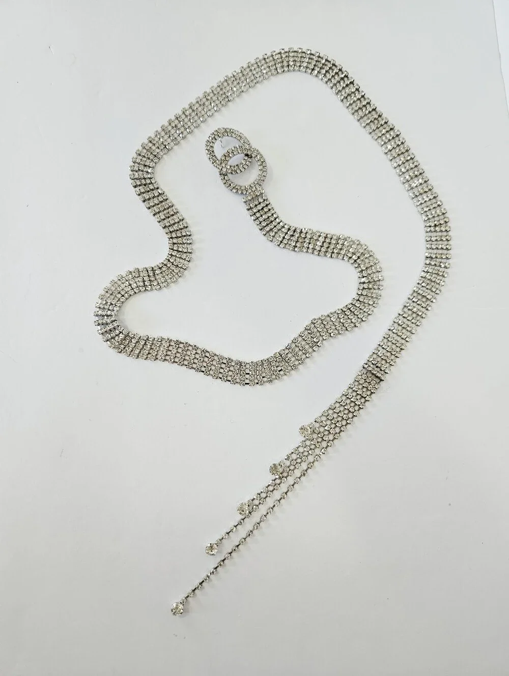 Clear Rhinestone Extra Long O-Ring Buckle Adjustable Tassel Chain Linked Belt 3X
